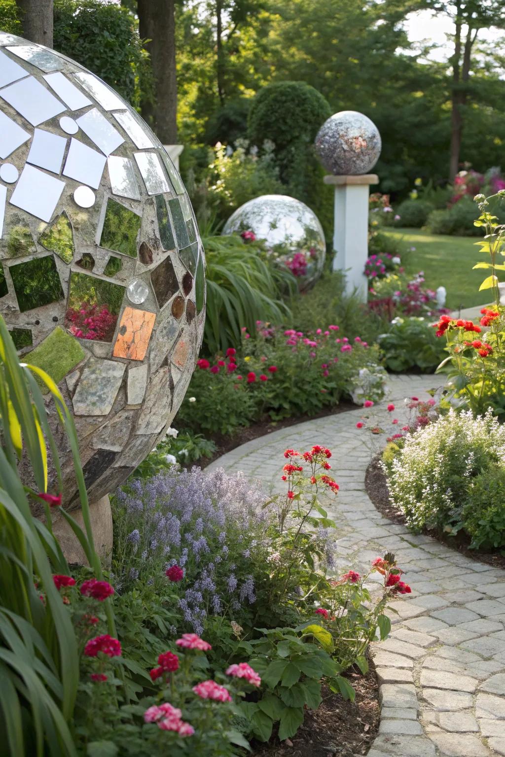 Mirror garden artistry introduces reflective charm outdoors.