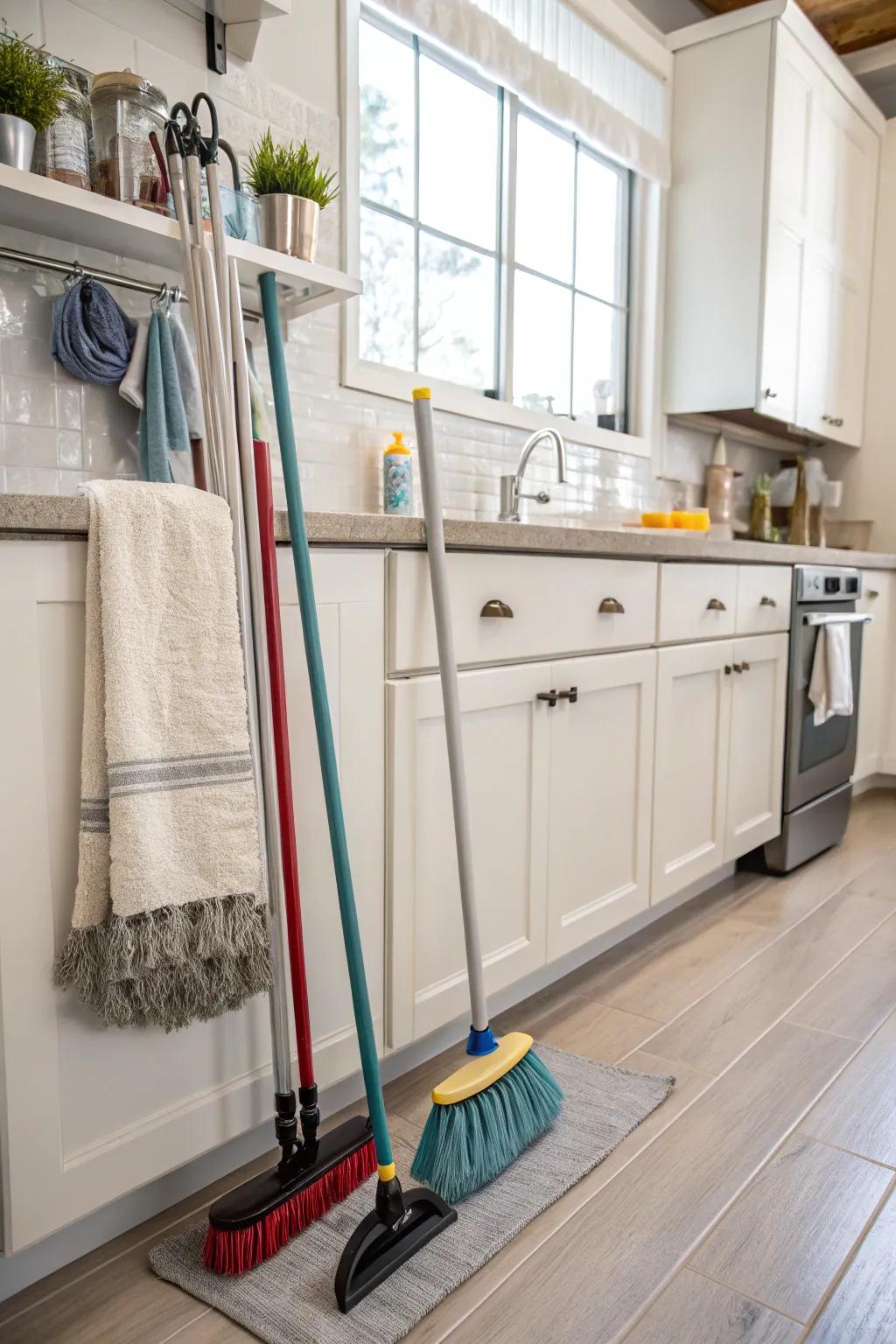 A towel bar serves a practical function as a broom hanger.