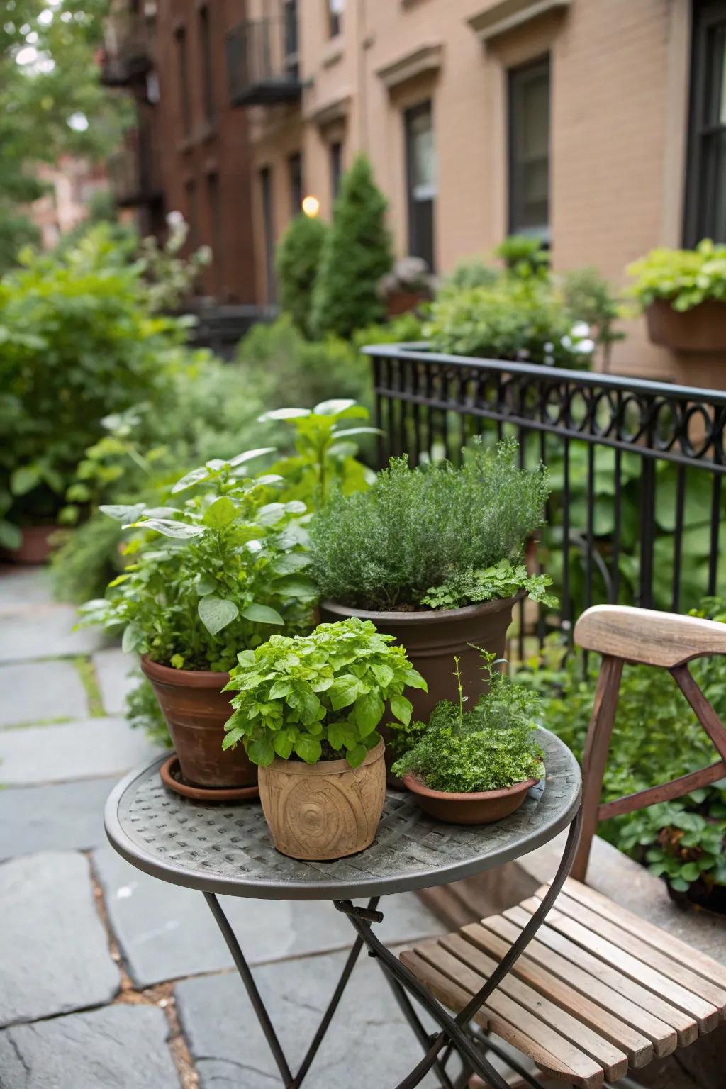 A potted herb garden brings fresh flavors and charming design.