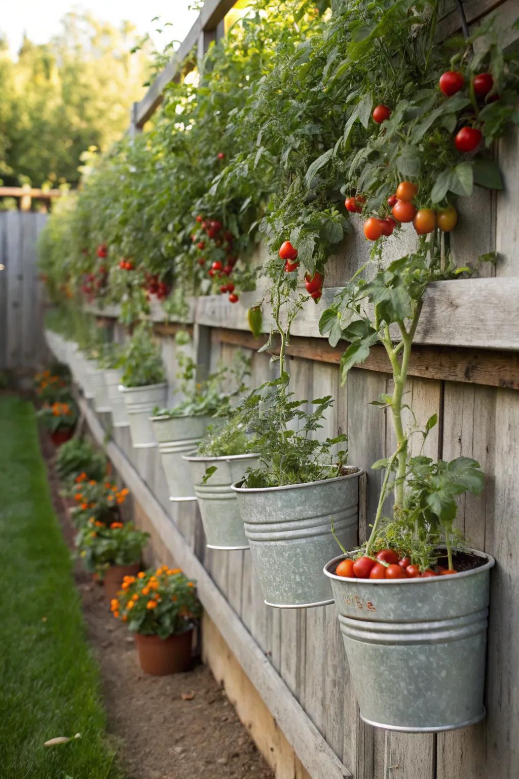 Buckets holding extending tomato vegetation to form a suspended structure.