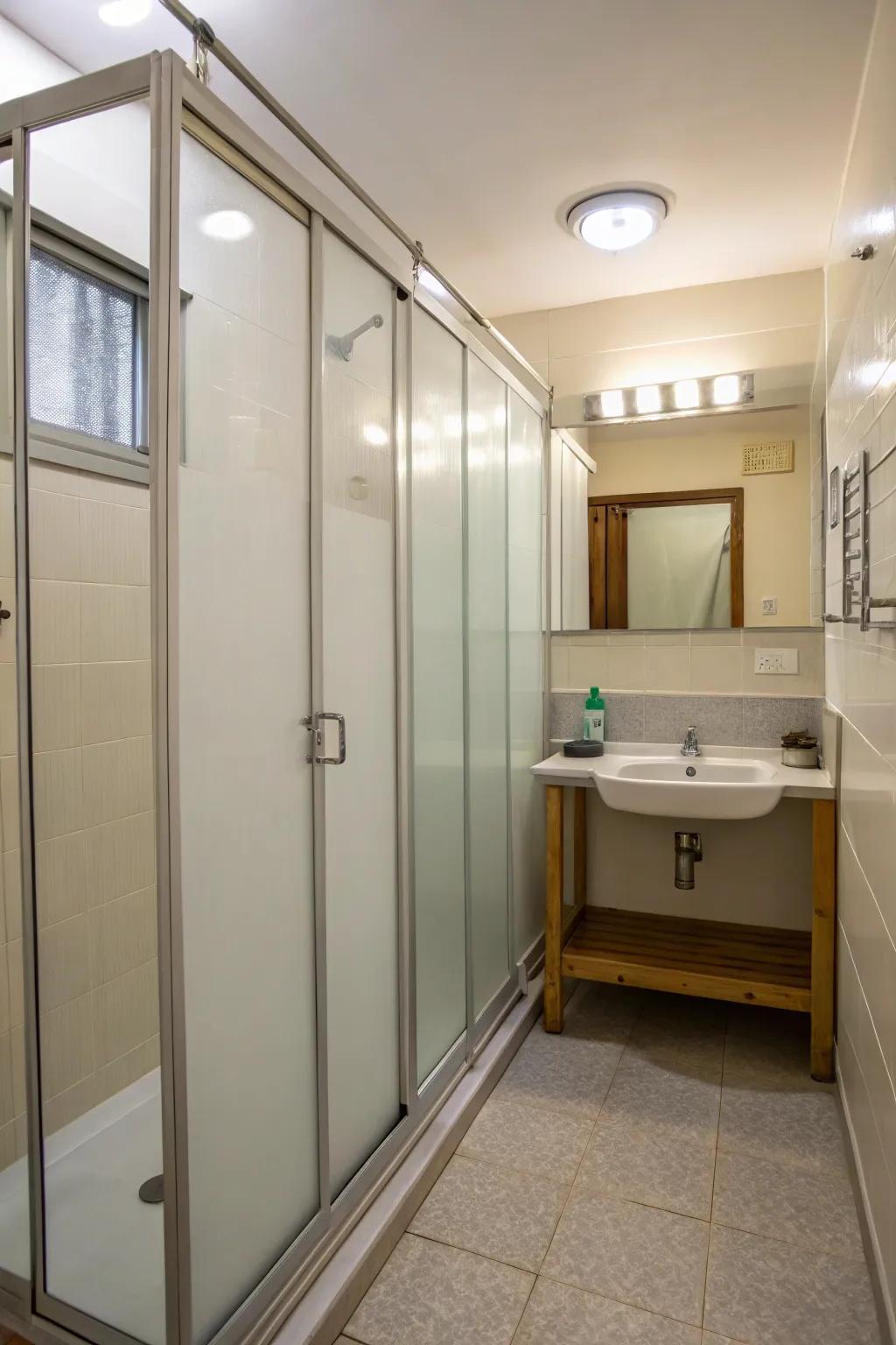 This compact bathroom features see-through dividers for the best possible use of space.