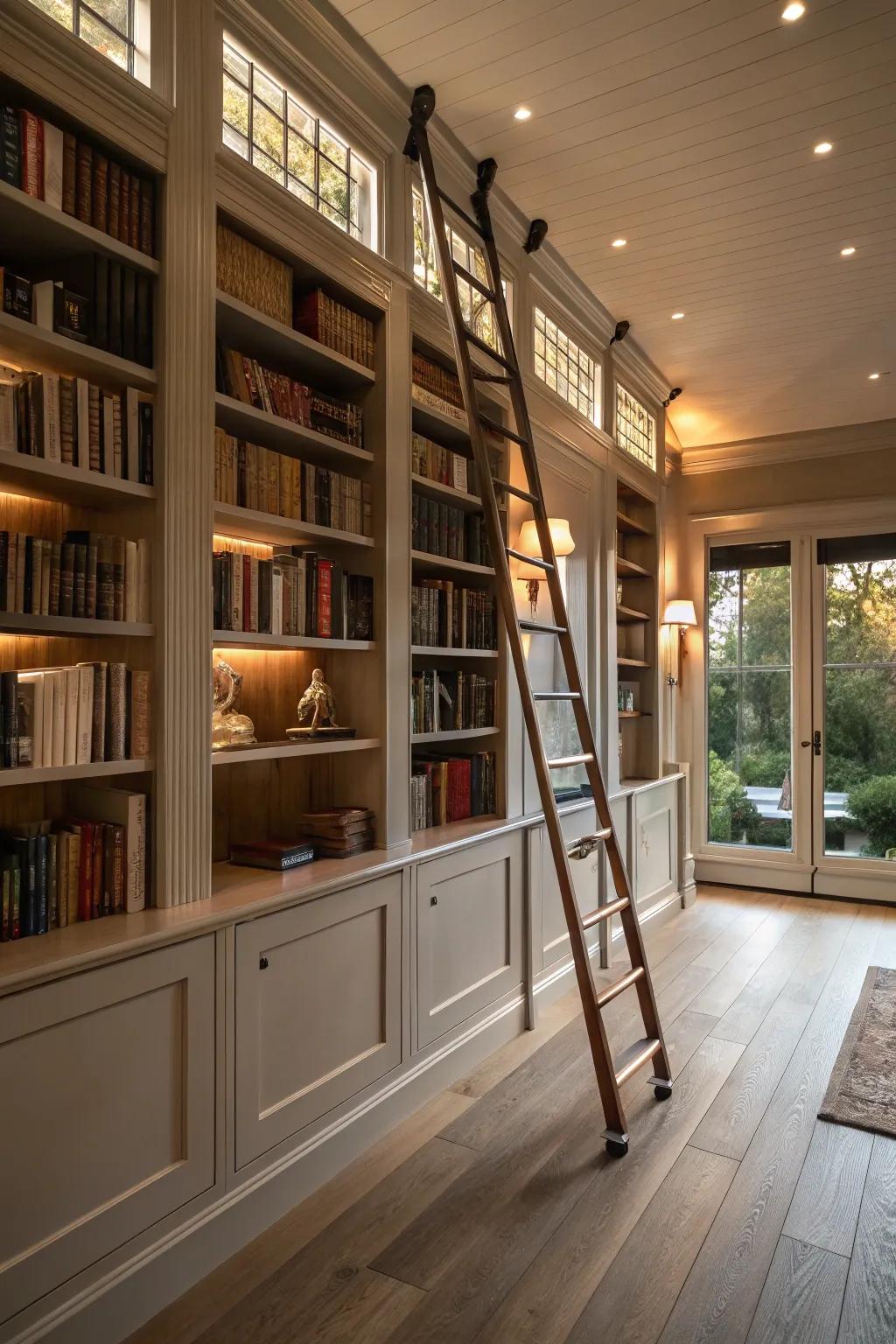 A rolling ladder adds charm and ease of access to tall bookshelves.