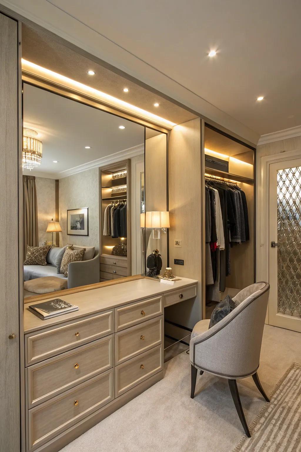 A mirrored dressing nook adds luxury to your wardrobe arrangement.