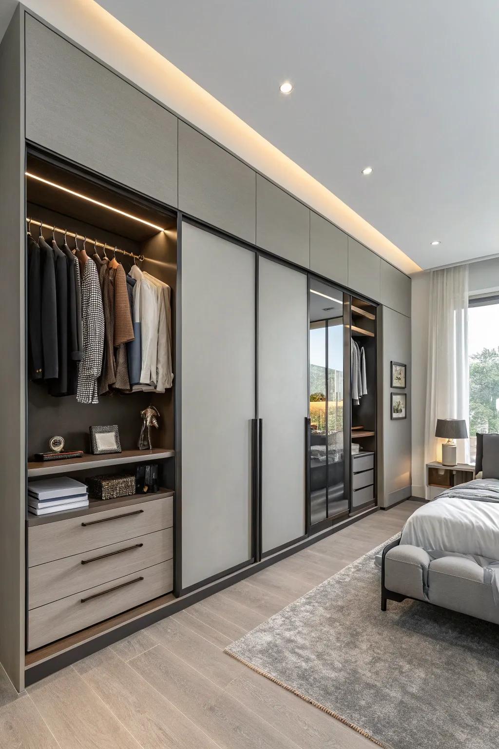 A full-height wardrobe that optimizes vertical expanse throughout a contemporary flat.