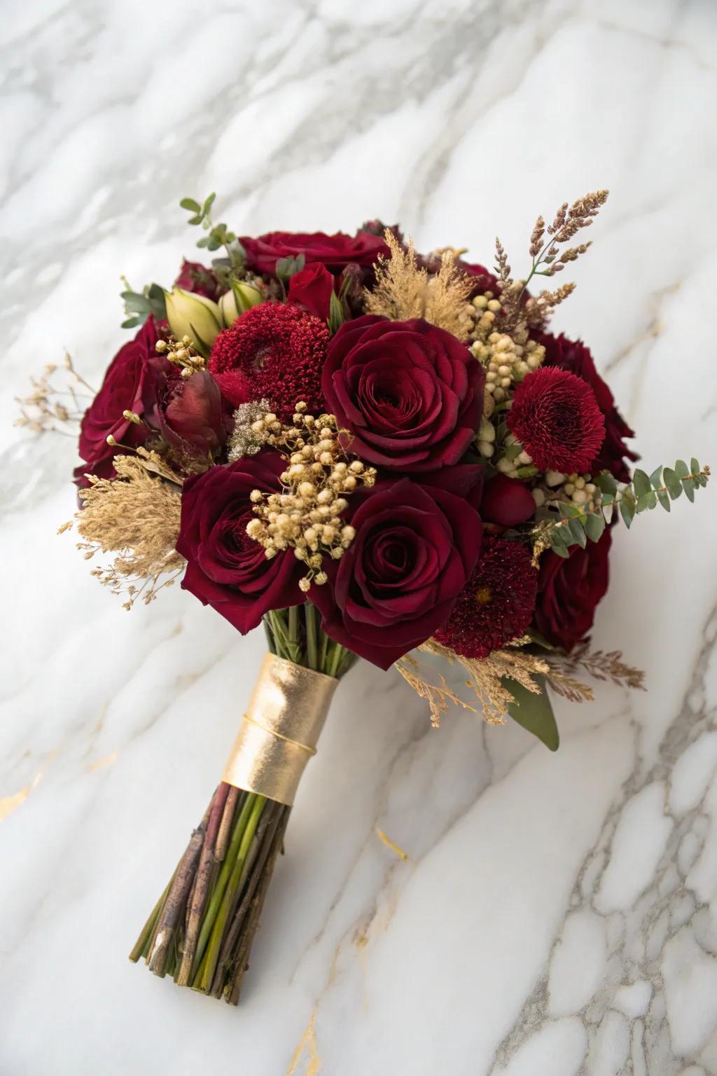 Burgundy bouquet featuring subtle gold details.