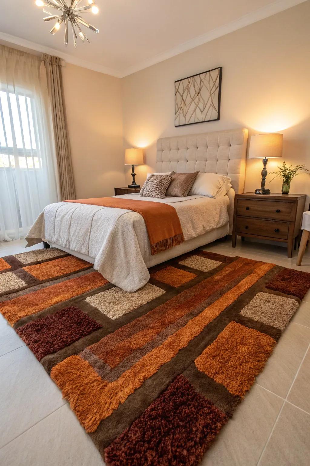 A plush burnt orange and brown rug unifies the space, adding warmth and comfort.