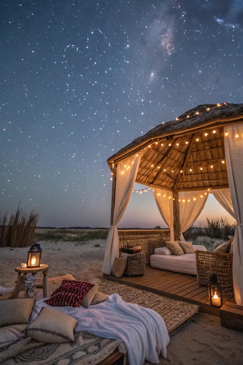 An idyllic cabana set up for cosmic observation beneath the heavens.