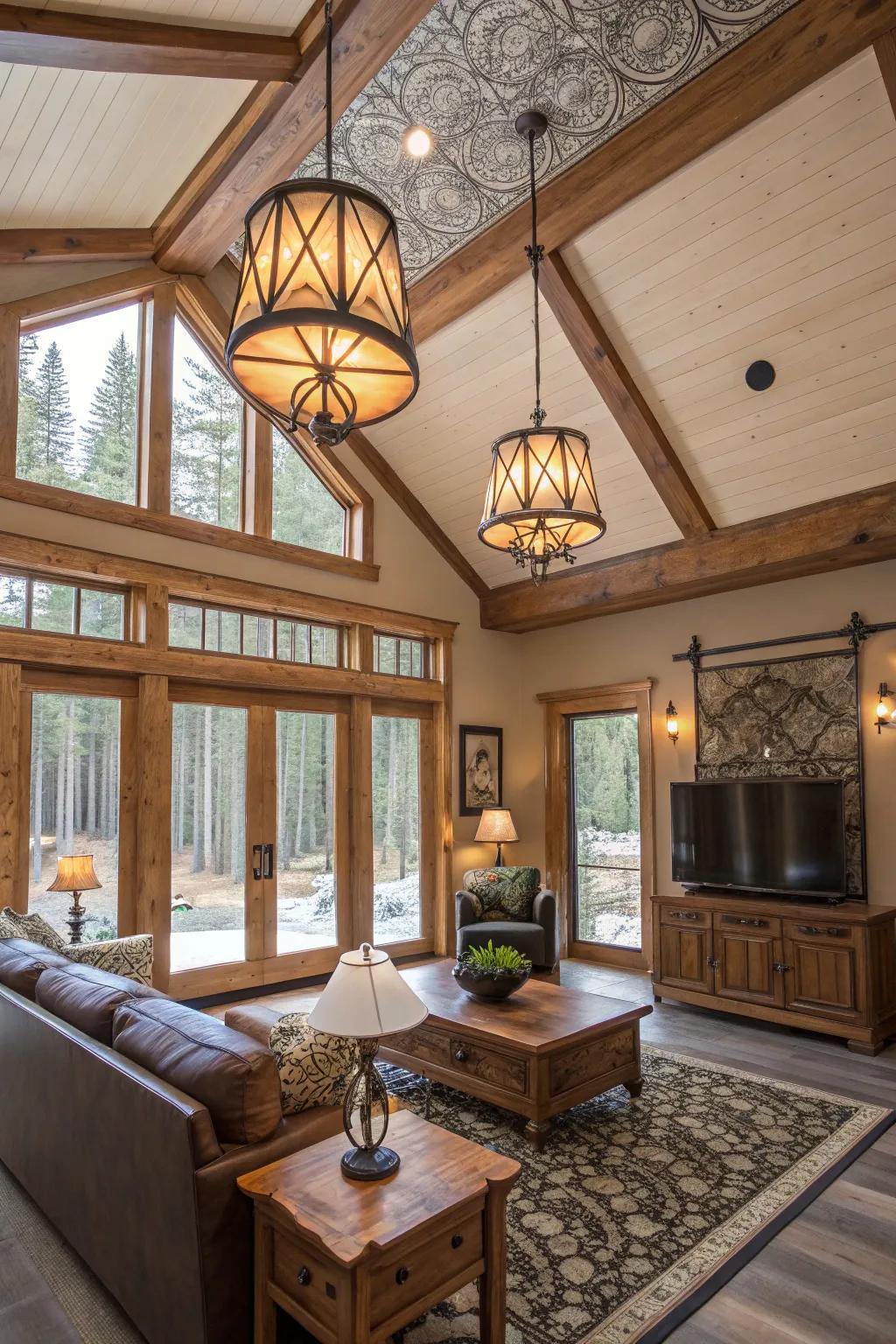 Decorative ceiling fixtures adding style to a cabin living area.