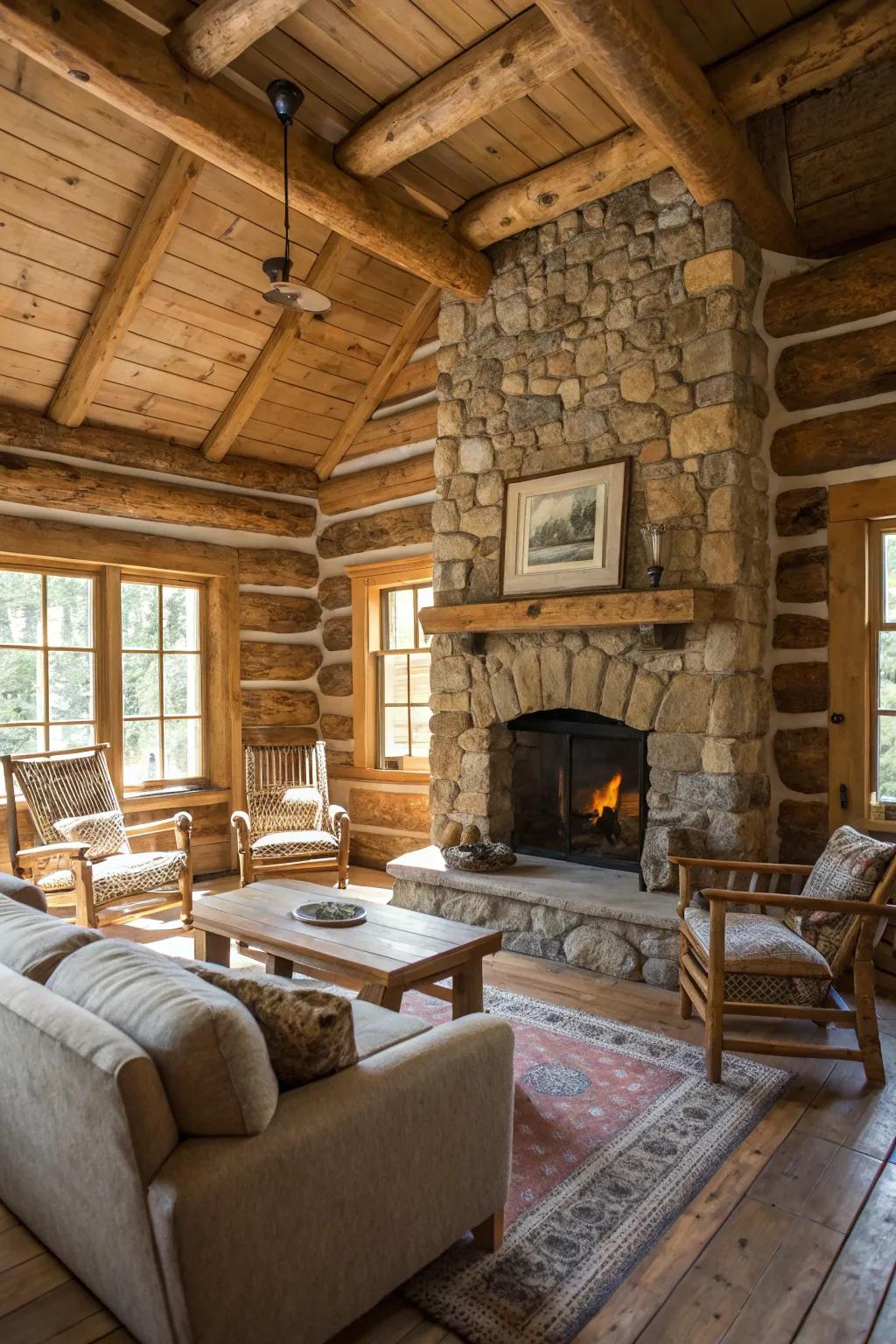 Traditional cabin design adds rustic charm to this living area.