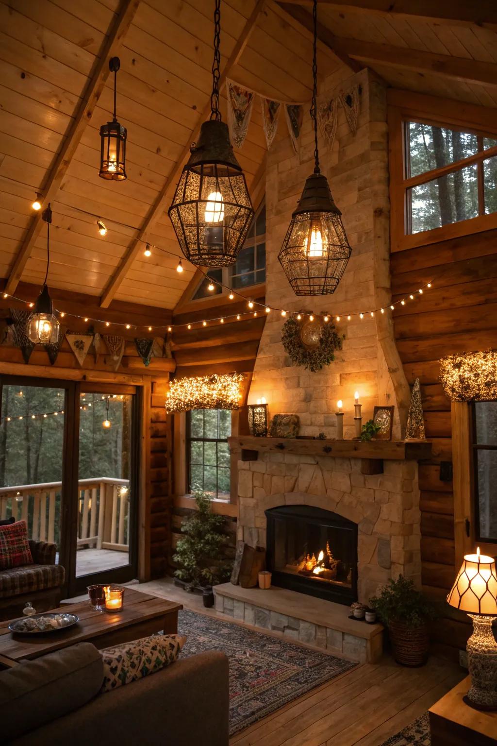 Various lighting illuminates this cabin stylishly.
