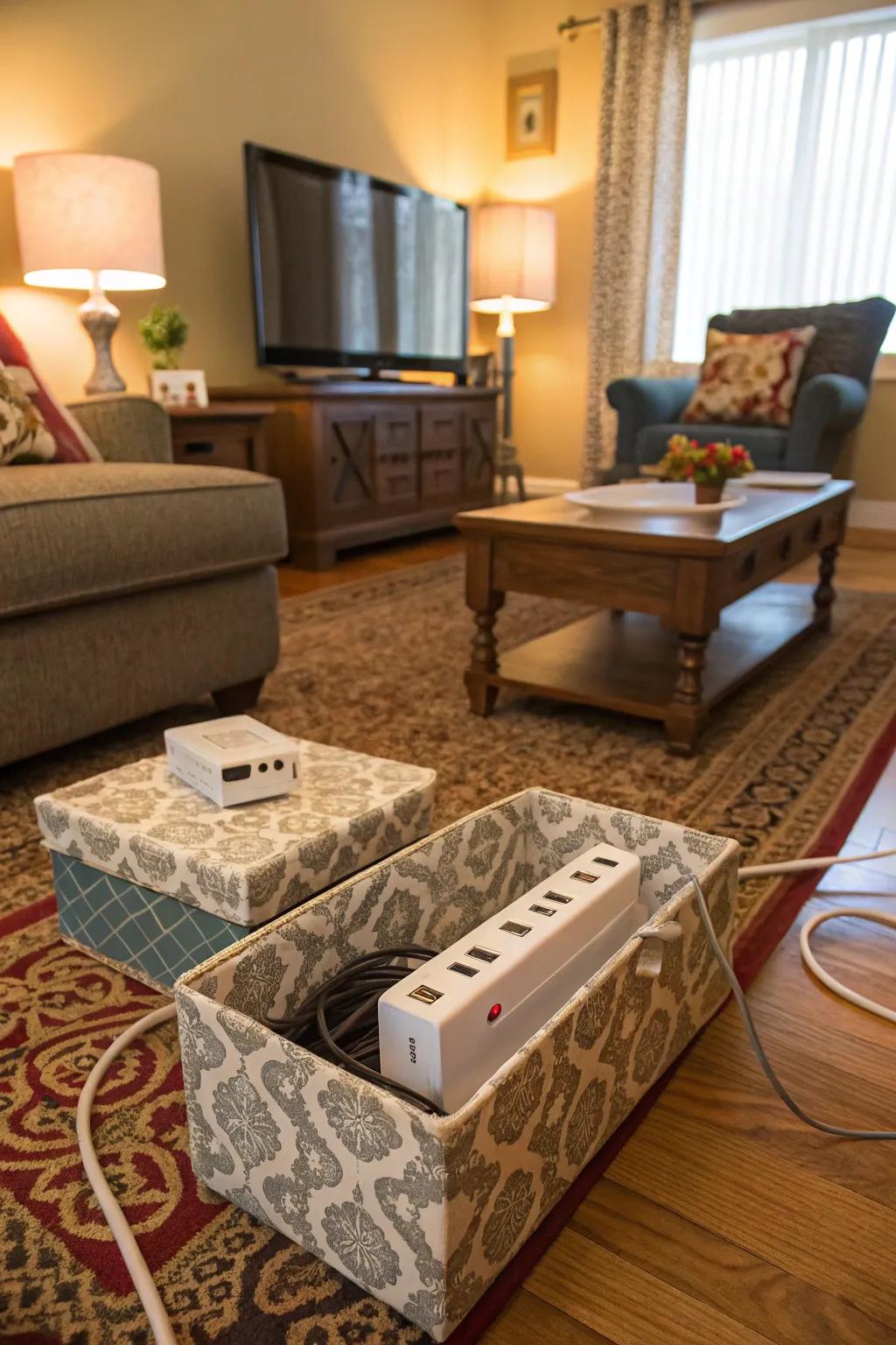 Decorative enclosures stylishly concealing power strips.