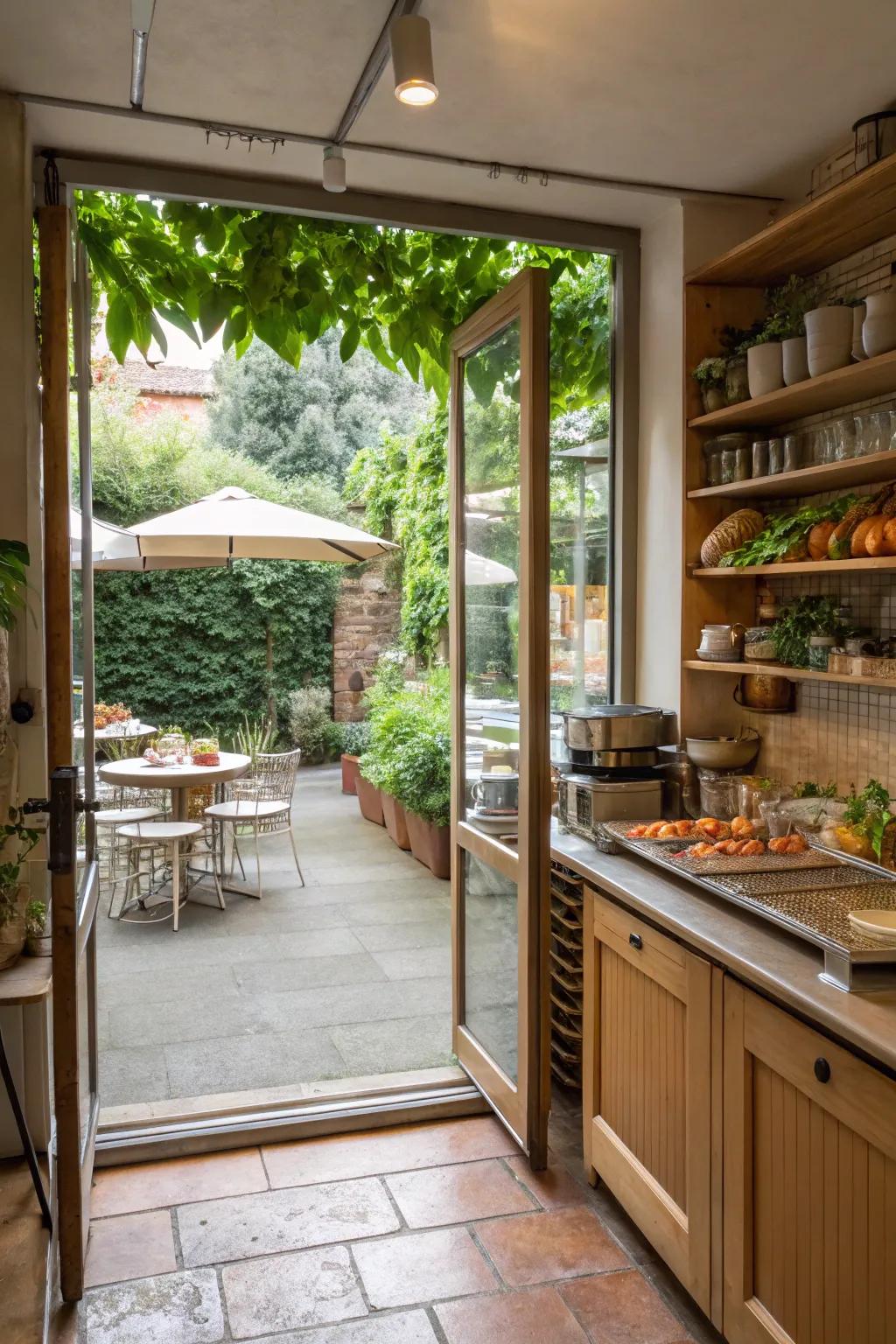 Smoothly integrating outdoor and indoor spaces makes this cafe kitchen stand out.