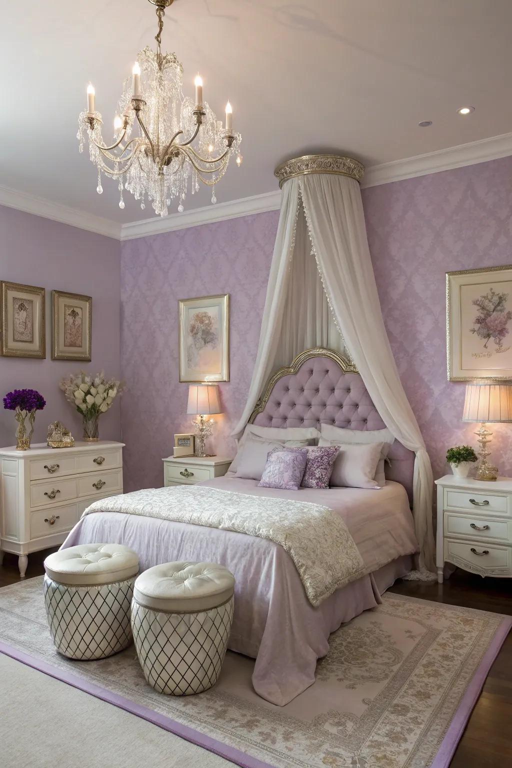 Lavender walls impart refinement and calmness.