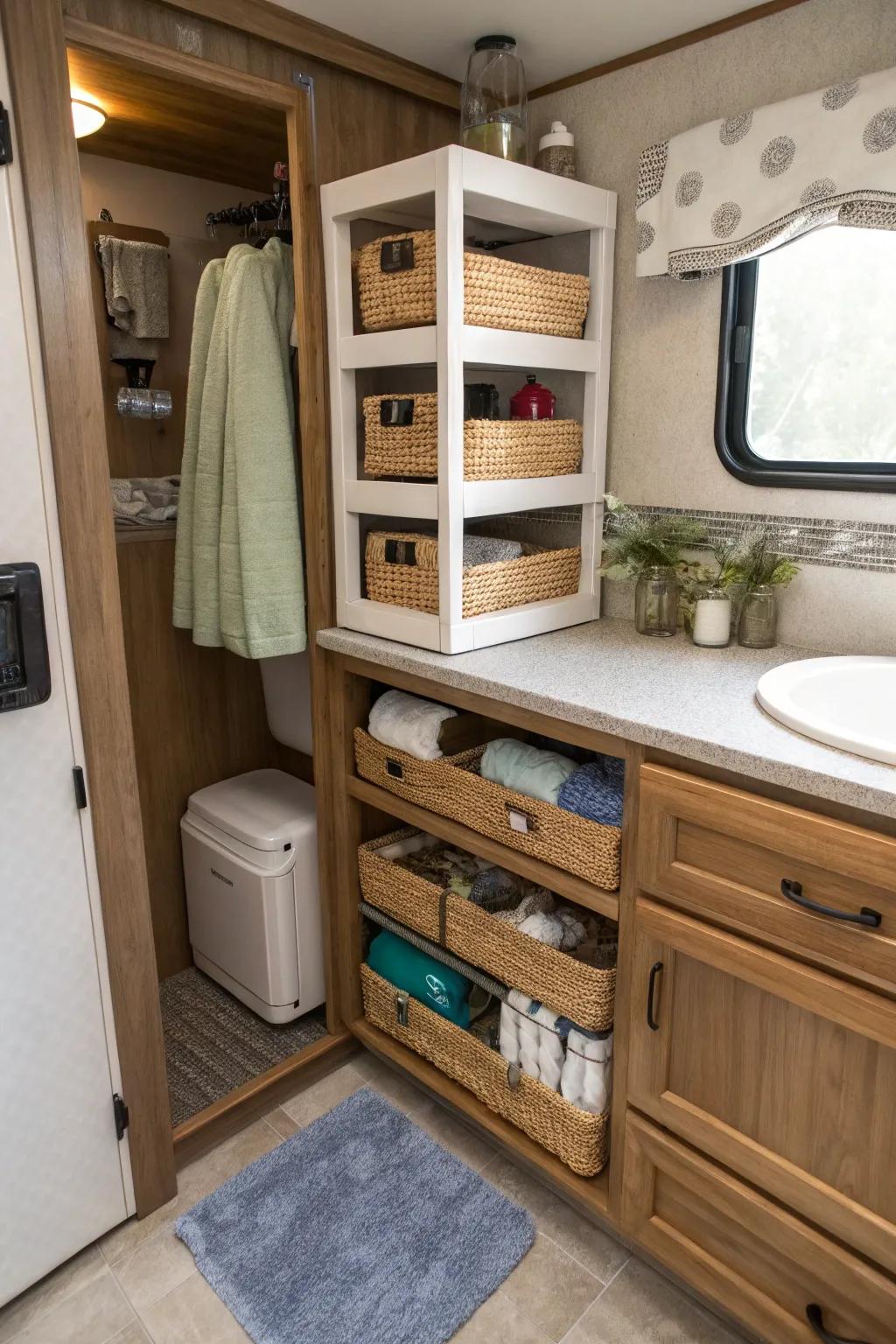 Baskets help hide bathroom extras for safekeeping.