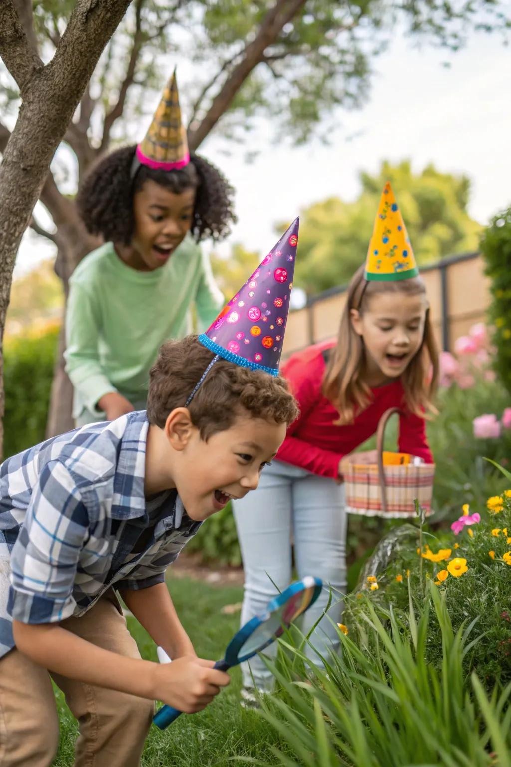 Kids enjoying a nature-themed scavenger hunt.