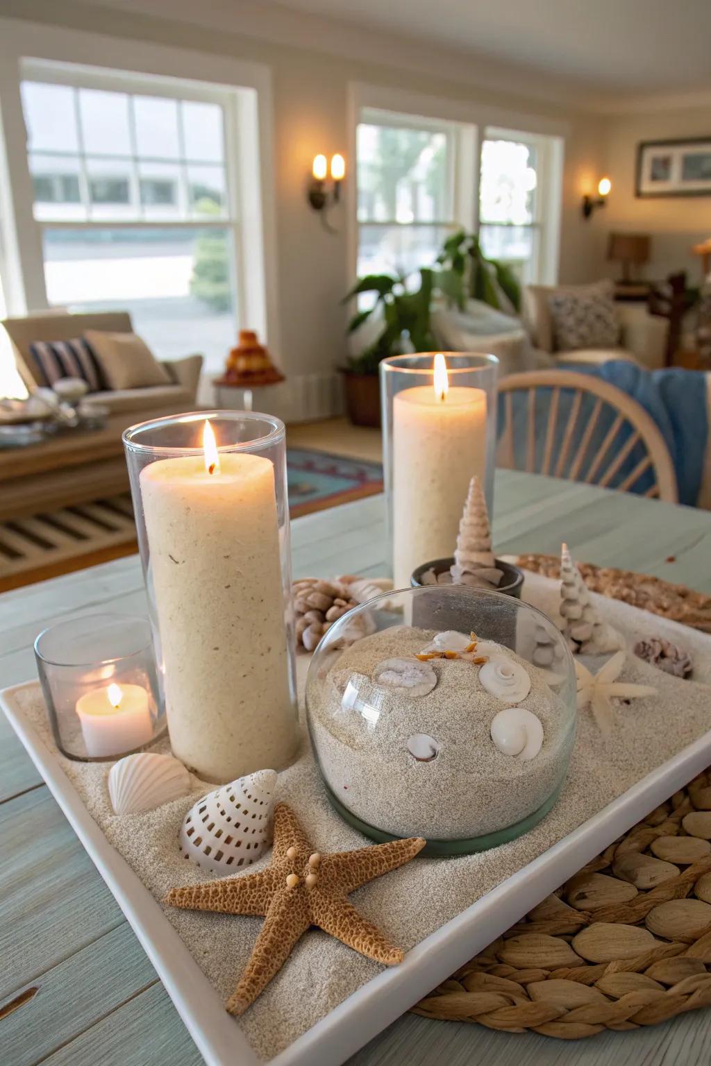 A beach-inspired candle setting brings a coastal feel indoors.