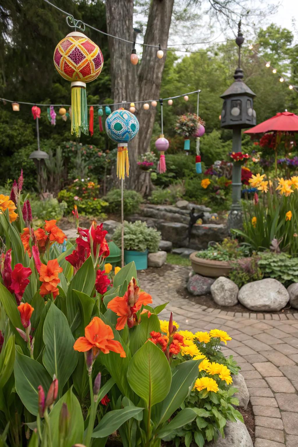An enchanting wonderland with glory plants and garden figures.