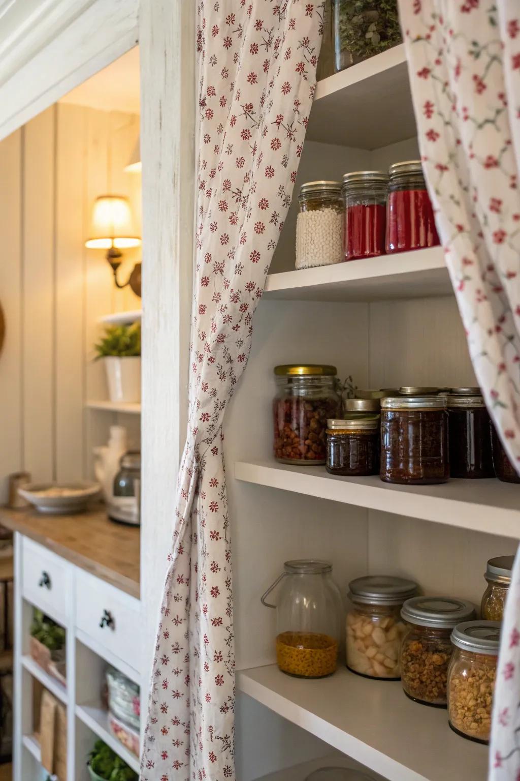 Hide clutter with a stylish curtain on your shelves.