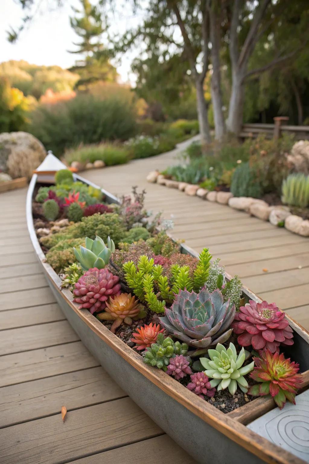 Succulents create a low-care, visually appealing boat planter.