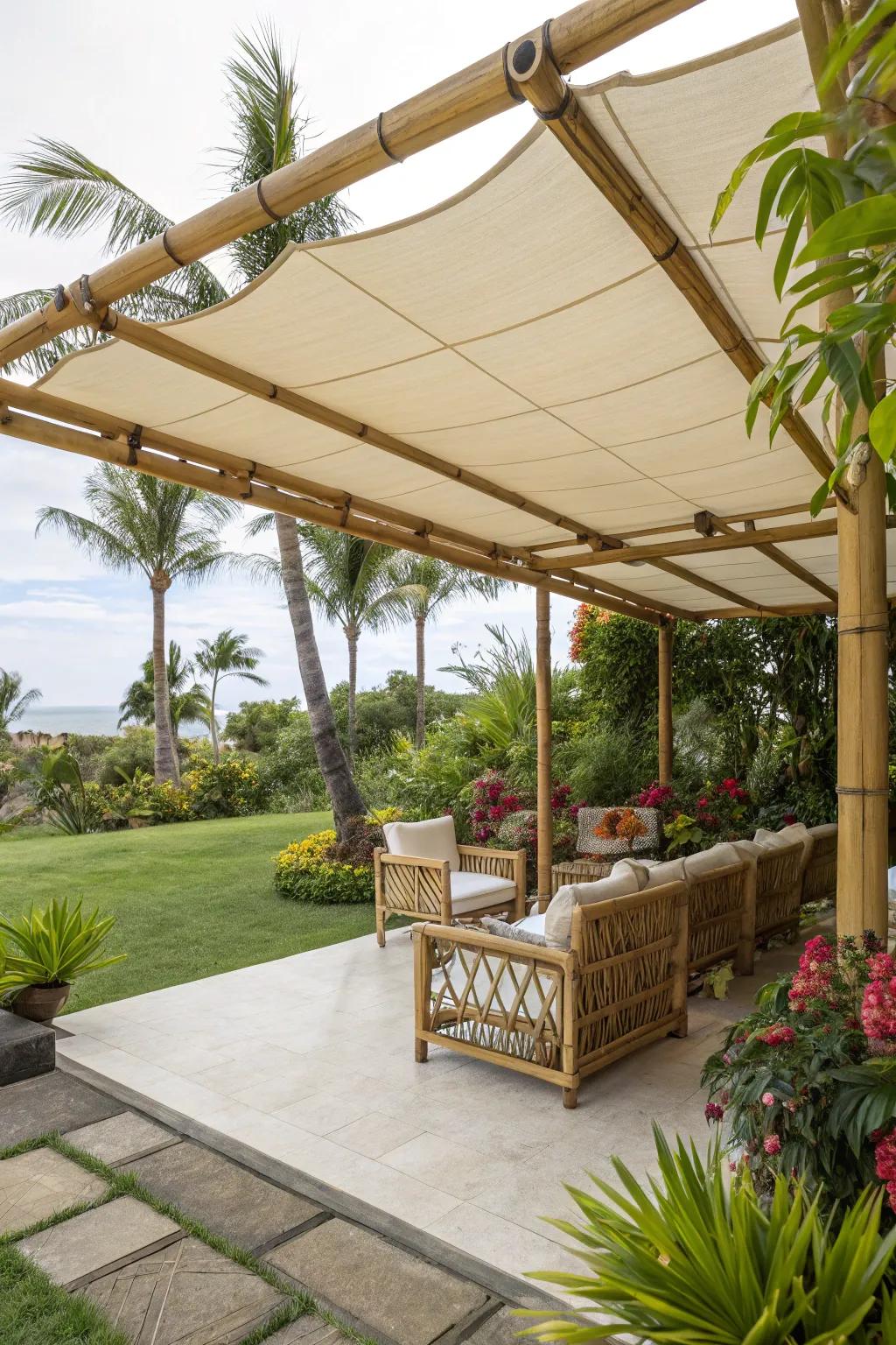Cane details bring a tropical hint to canvas roofs.