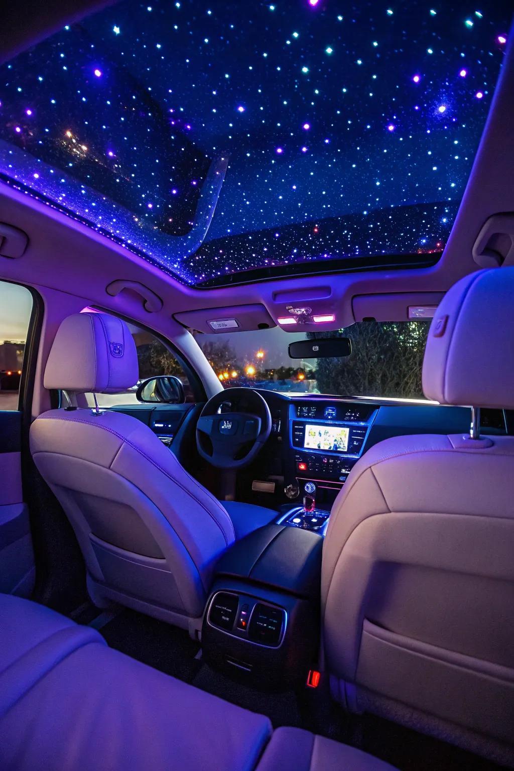 A car interior transformed into a starry night sky, enhancing the driving experience.