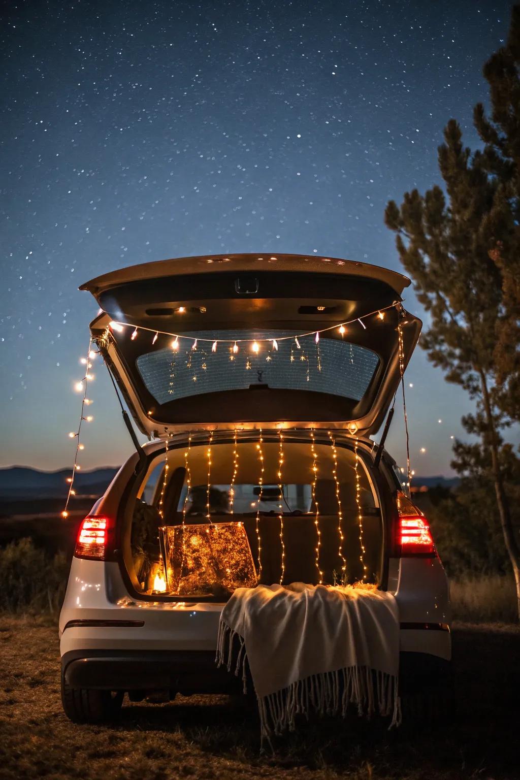 A trunk sparkling with string lights, suitable for nighttime carnival celebrations.