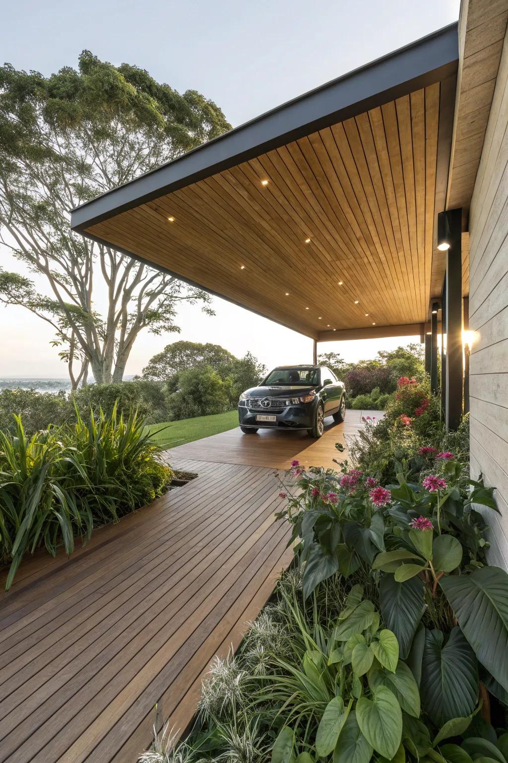 A timber deck conveys warmth and nature to your carport.