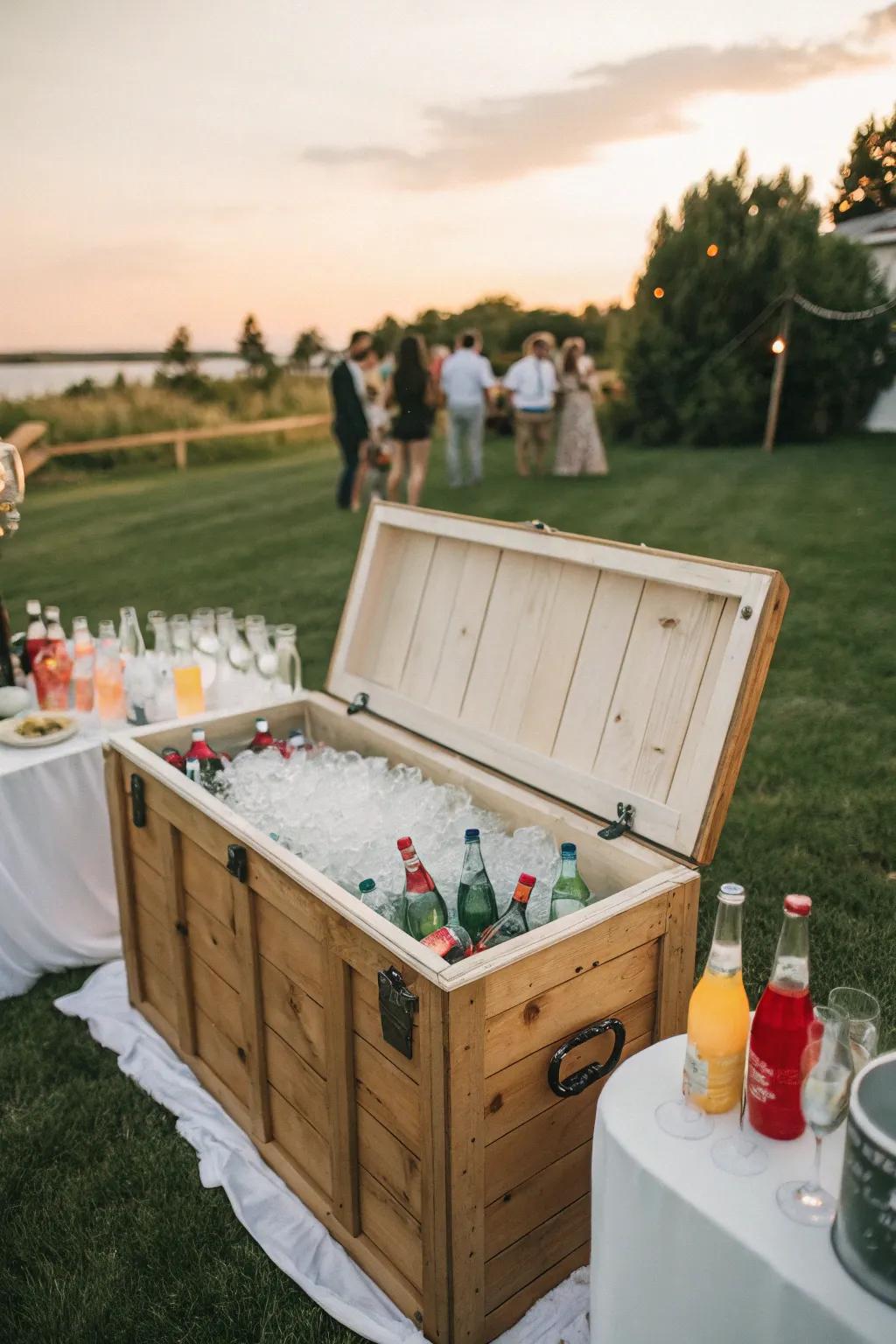 A cedar chest creatively converts into a beverage cooler for gatherings.