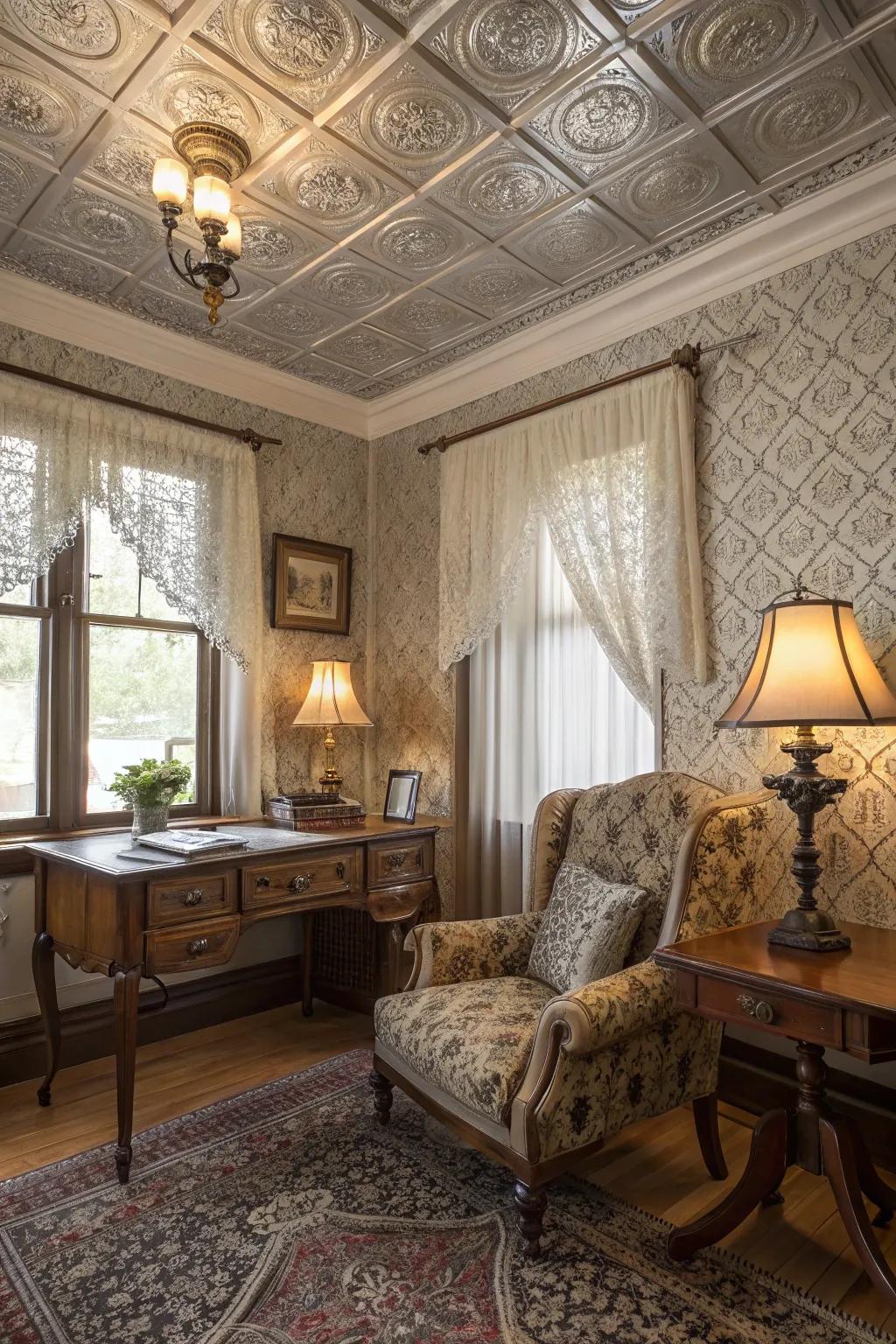 Tin ceiling tiles add vintage glamour to any space.