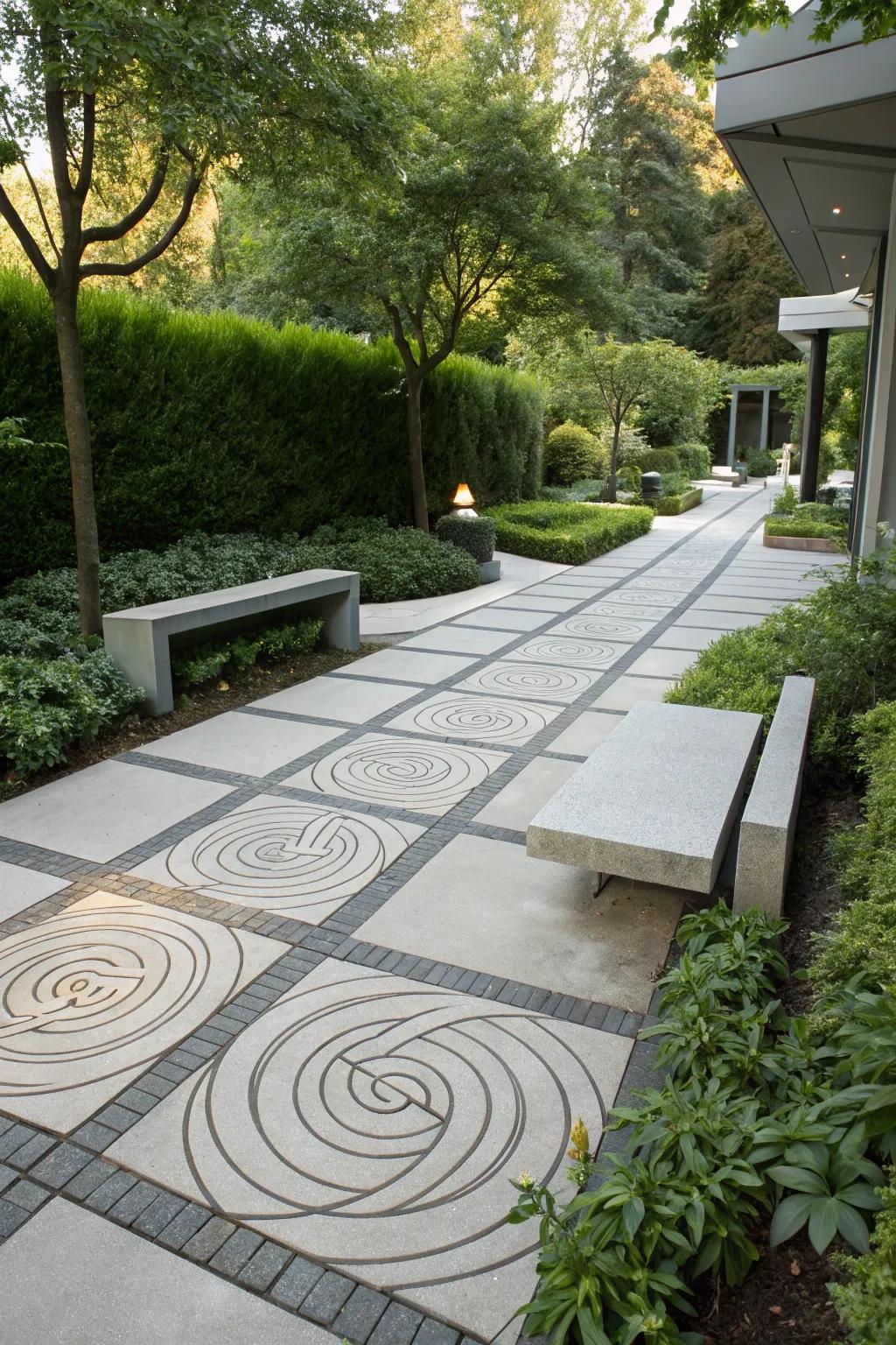 Elaborate saw-cut patterns in concrete, composing an artistic walkway.