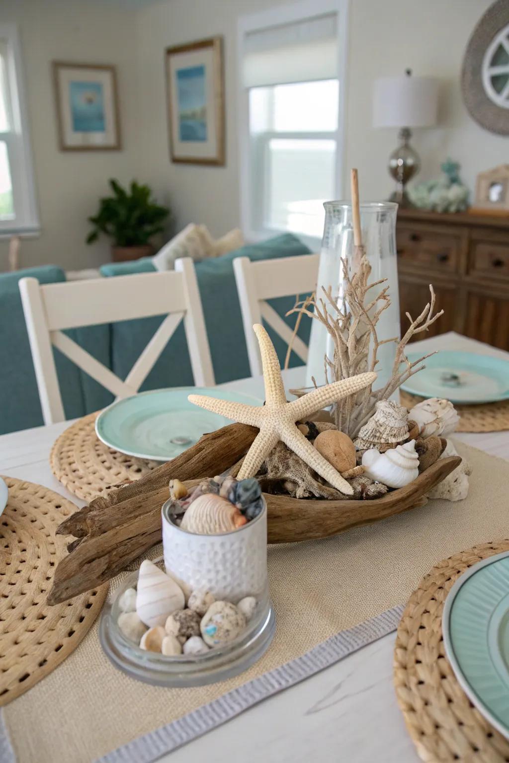 Coastal elements craft a relaxed, summery centerpiece.