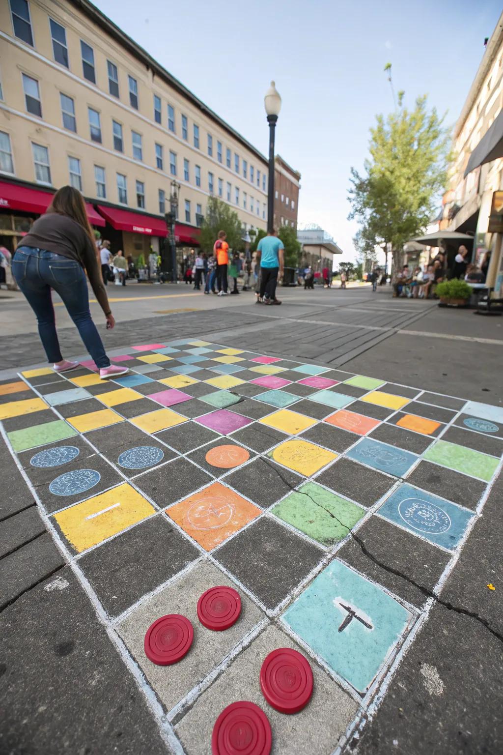 A playful chalk checkers board ready for outdoor fun.