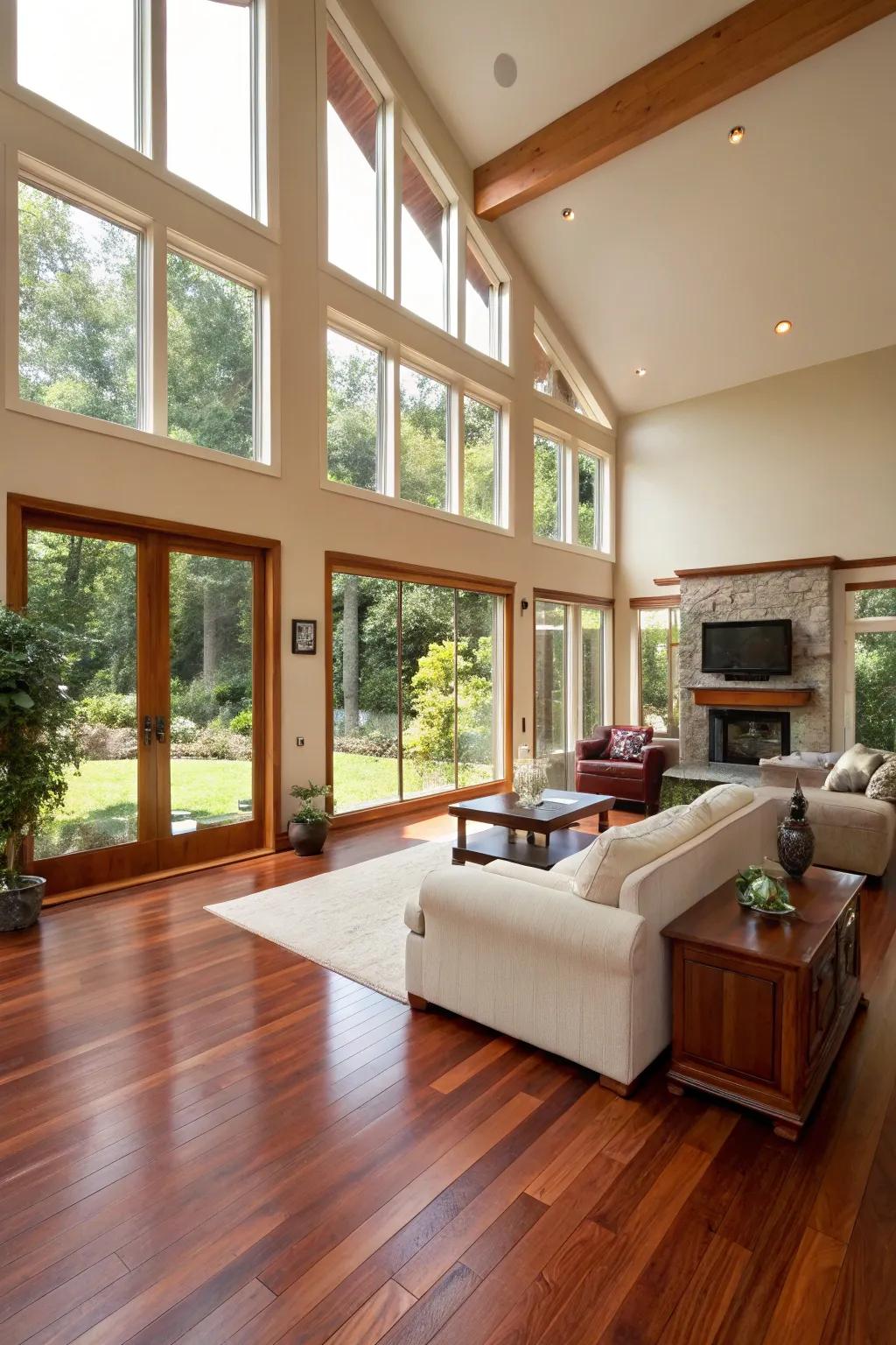 Open layouts emphasize the opulence of polished redwood floors.
