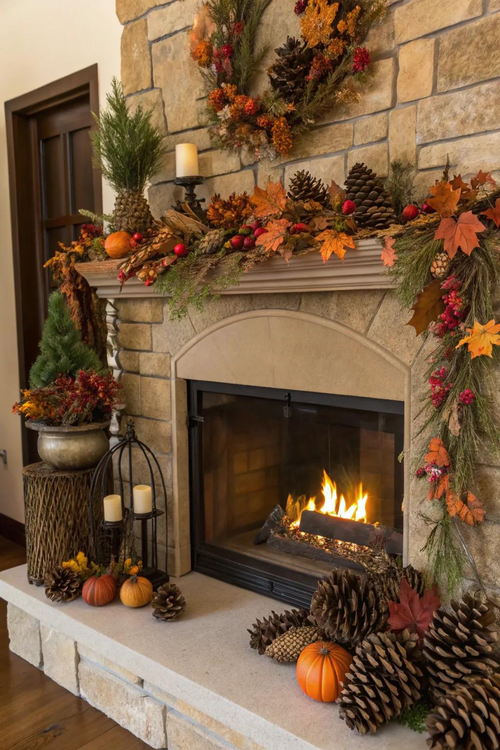 Seasonal aesthetic encircling the fireplace commemorates the spirit of the time.