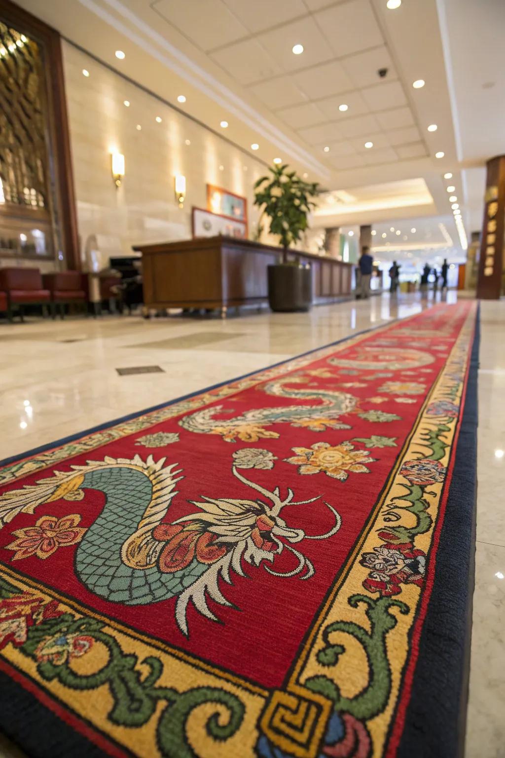 A vibrant floor covering adding hue and design to the entrance floor.
