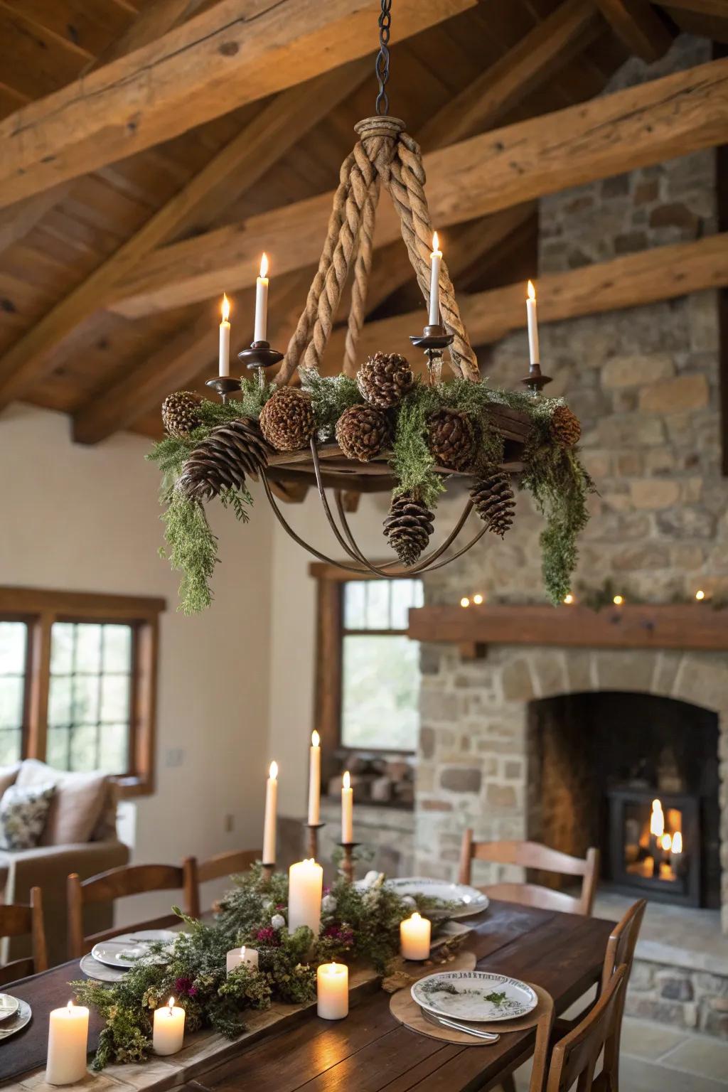 Woodland cones and strands: bestowing a country grace upon a chandelier.
