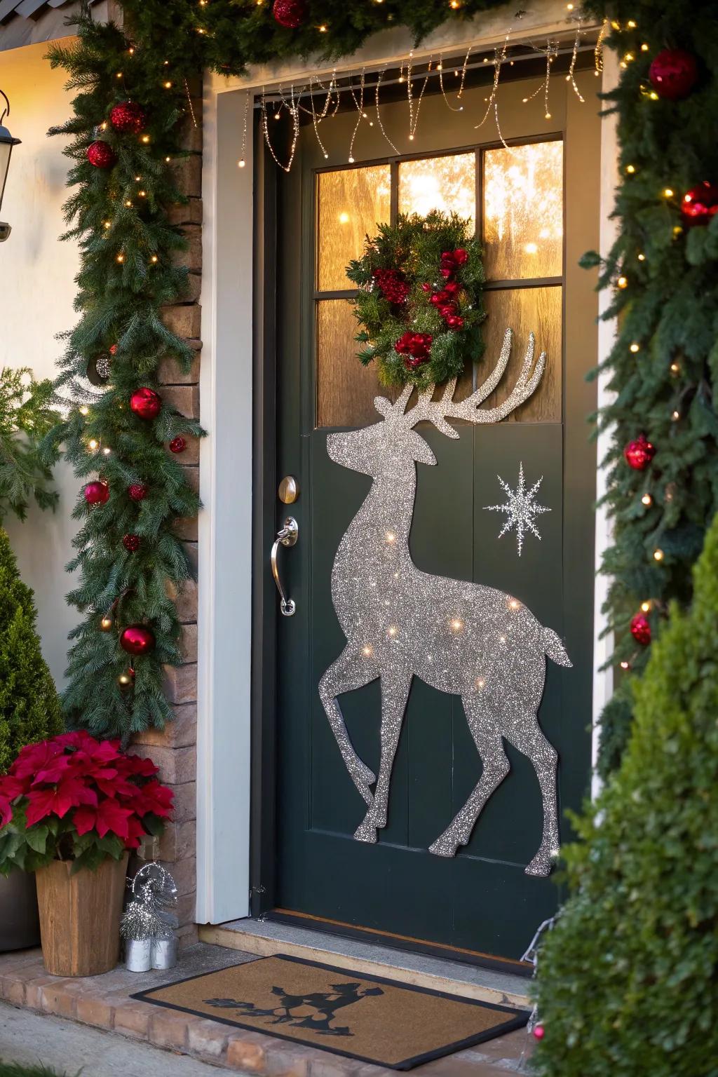 A sparkling reindeer outline imparts a whimsical touch to this entrance.
