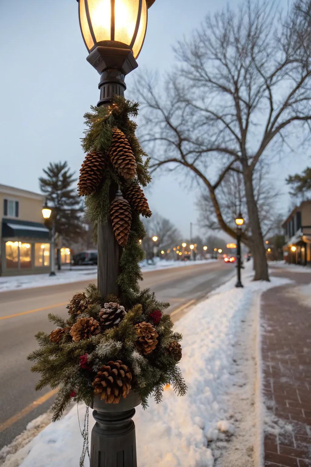 A pinecone assemblage instills rustic enchantment into a lamp post.