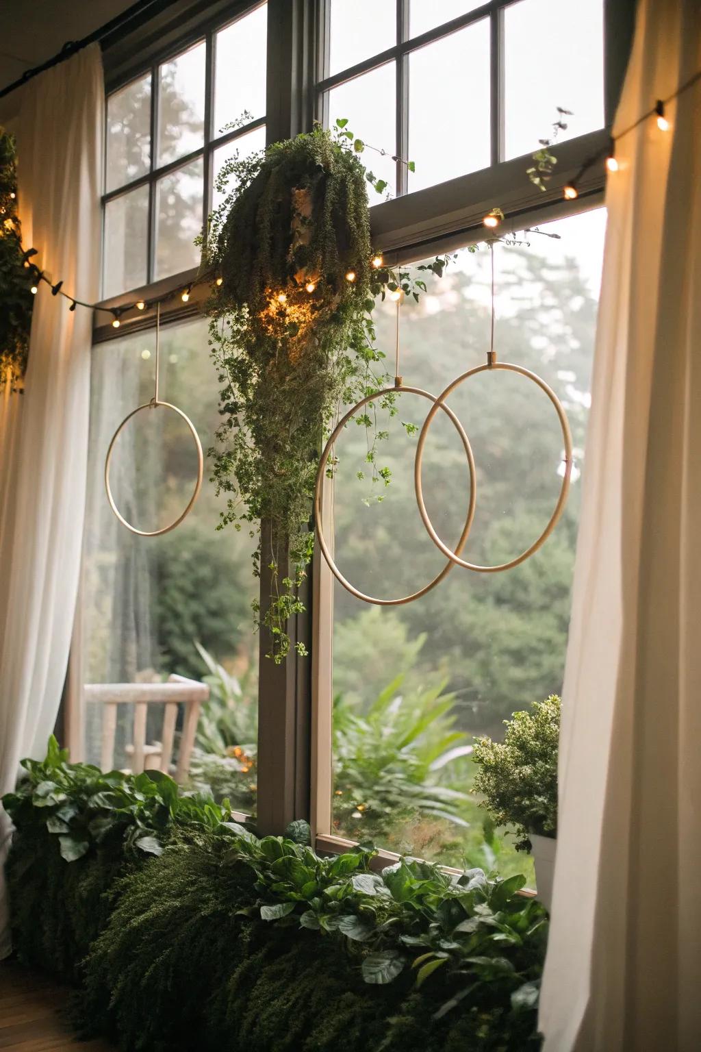 Light hoops offer a modern, sophisticated window decoration.
