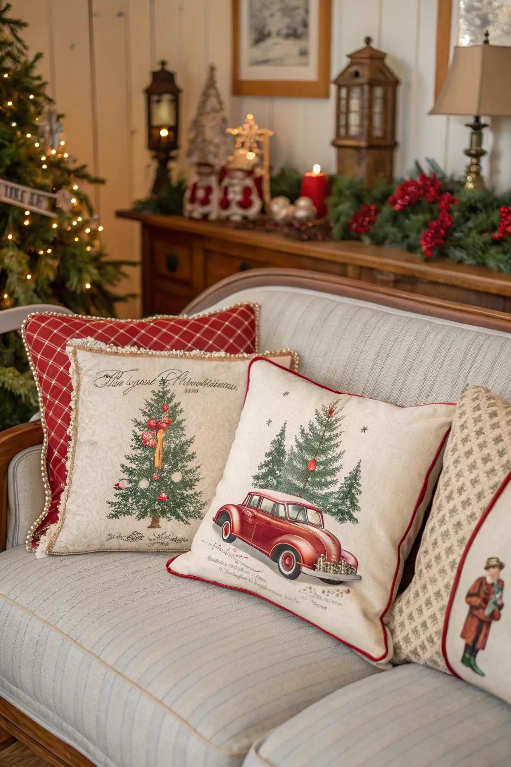 Vintage imprints contribute a reminiscent charisma to holiday decor.