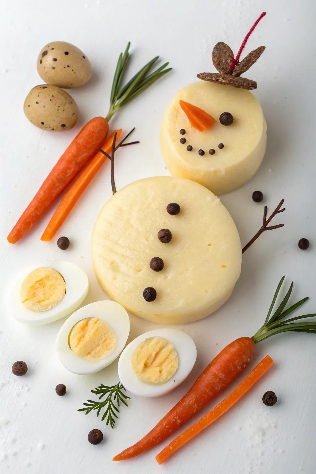 Snowman made from cheeses and eggs for a wintery touch.