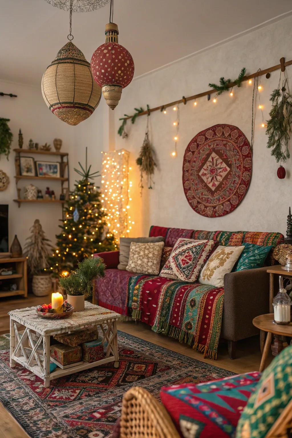Free-spirit festivities featuring artistic yuletide decor.