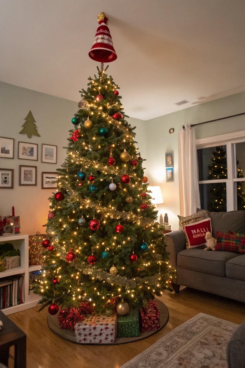 Oversized jingle bells add a bold and playful touch.