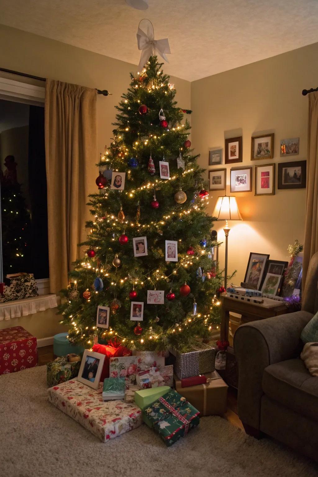 A personalized Christmas tree embellished with keepsakes and colored illuminations, rendering it a heartwarming holiday centerpiece.