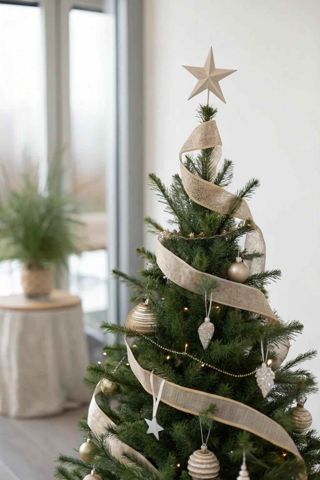 A Christmas tree with understated ribbons, emphasizing the tree's inherent elegance.