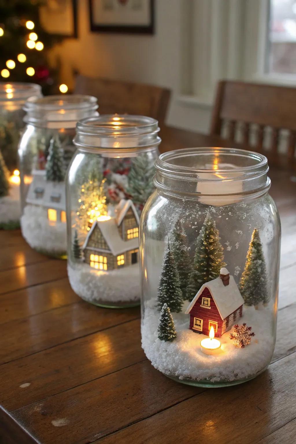 Mason jars contain tiny, enchanting village scenes ideal for gifting.