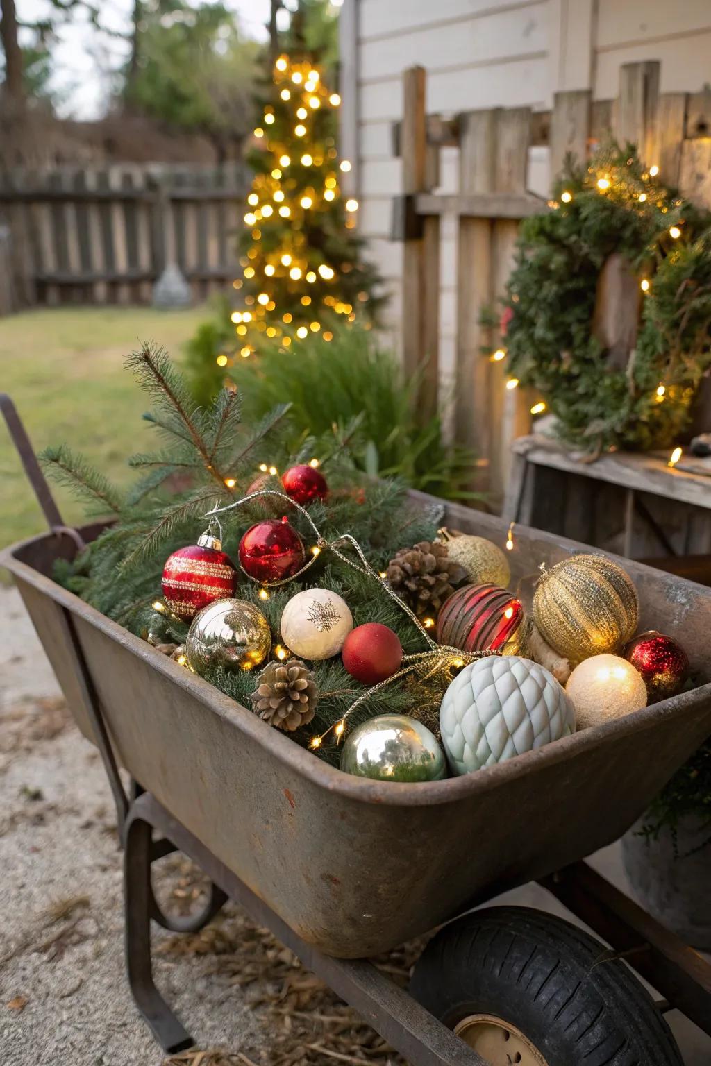A nostalgic display of classic baubles in a wheelbarrow.