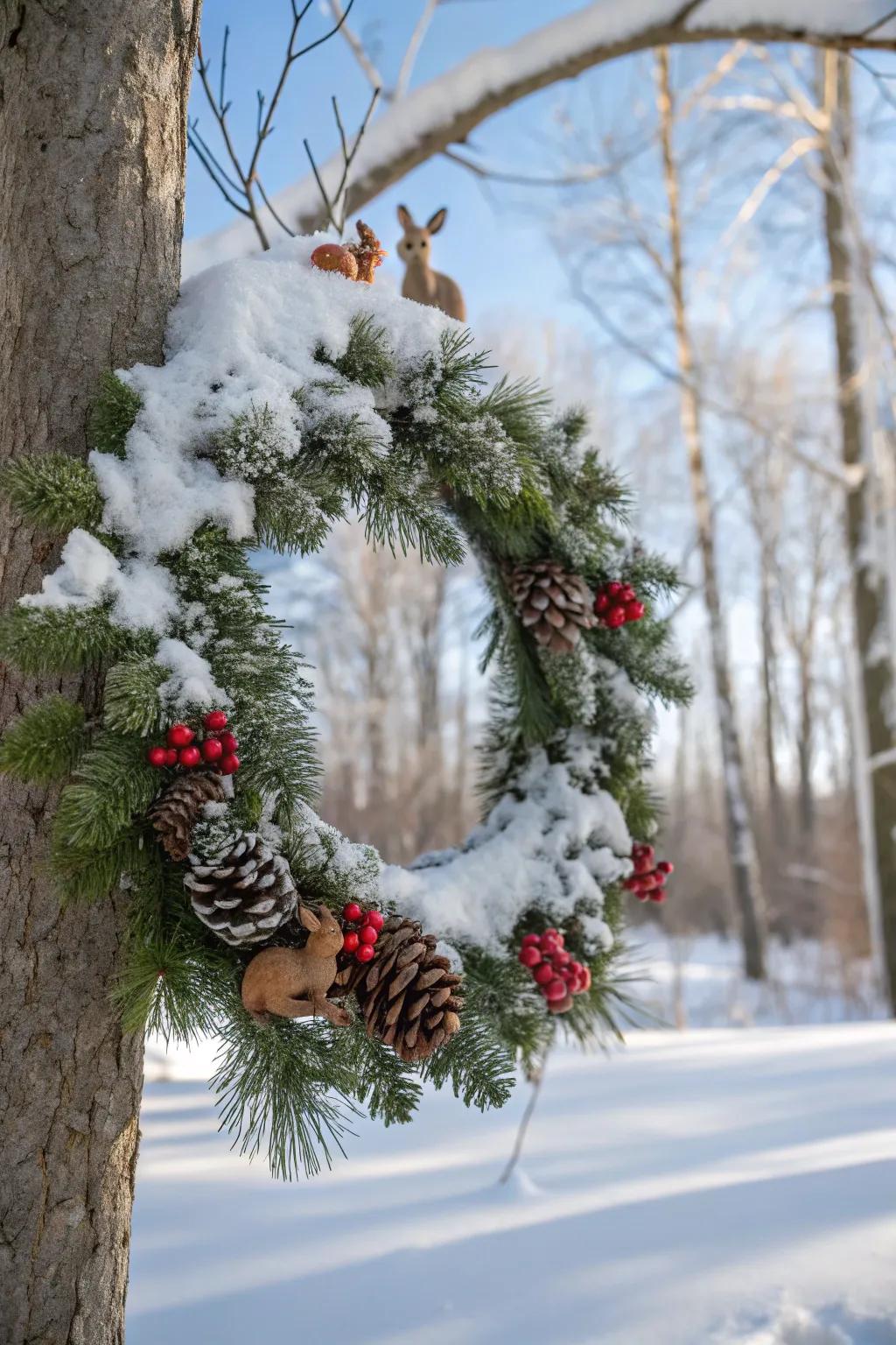 An icy forest wreath with imitation snow and charming woodland creatures.