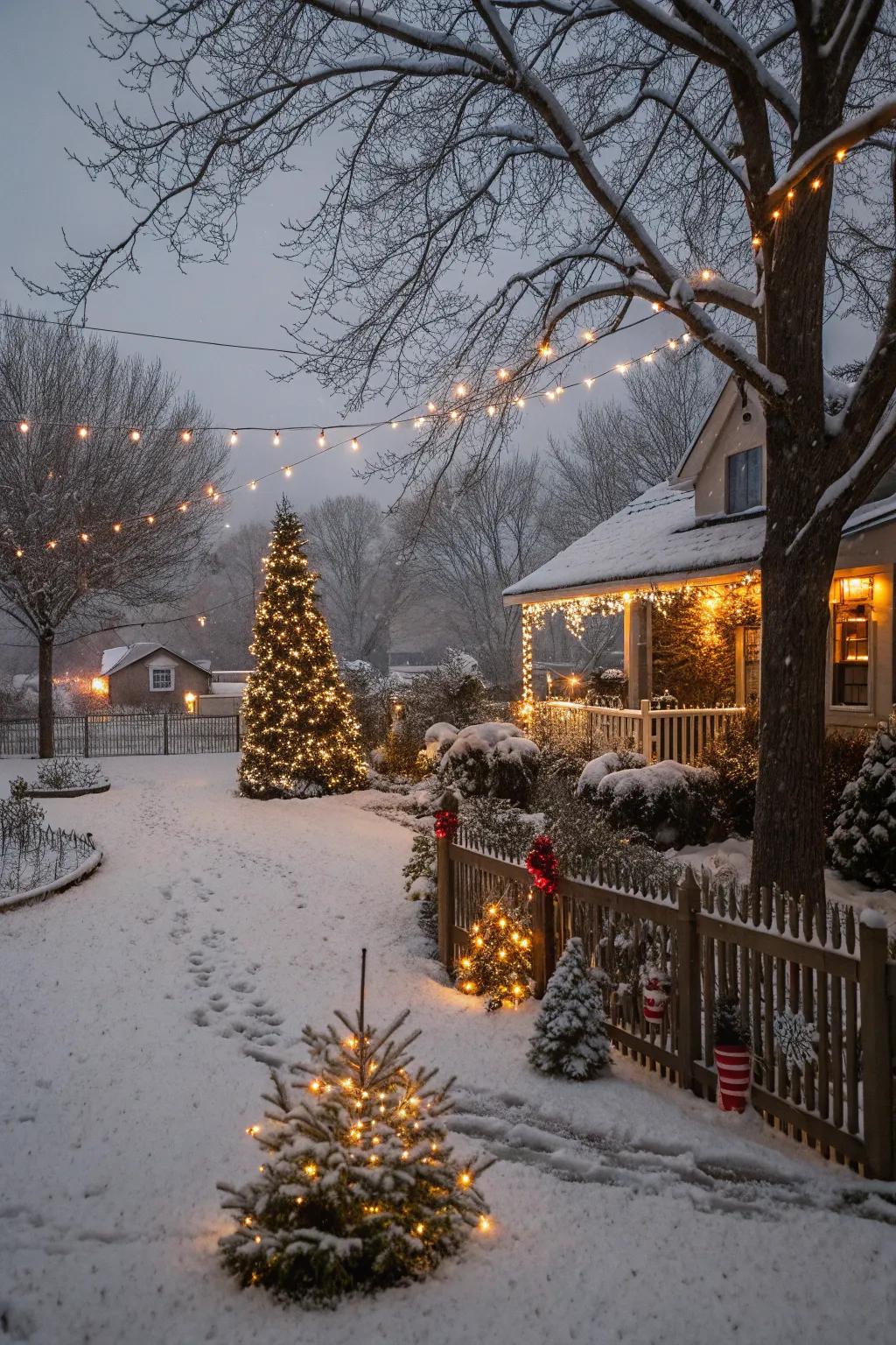 A yard enhanced with faux snow and celebratory lights.
