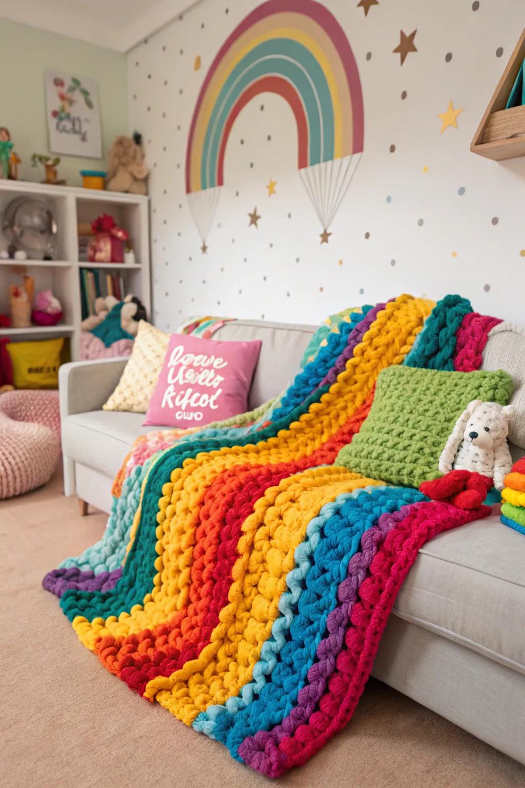 Multicolored blankets add a fun touch.